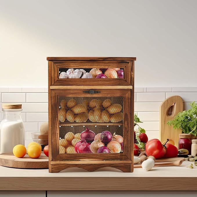 Wooden Countertop Storage Cabinet Potato and Onion Bin Box Wooden Bread Storage Bins Potato Container with Lid for Kitchen Pantry, 11.8 x 6.8 x 16 inch
