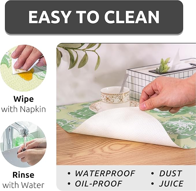 FIFTY FEET 12X120 Inch Shelf Liner for Kitchen Cabinets, PVC Drawer Liner for Dresser Non-Slip Bathroom, Non-Adhesive Cabinet Liner Washable (Green Flower)(2 Roll)