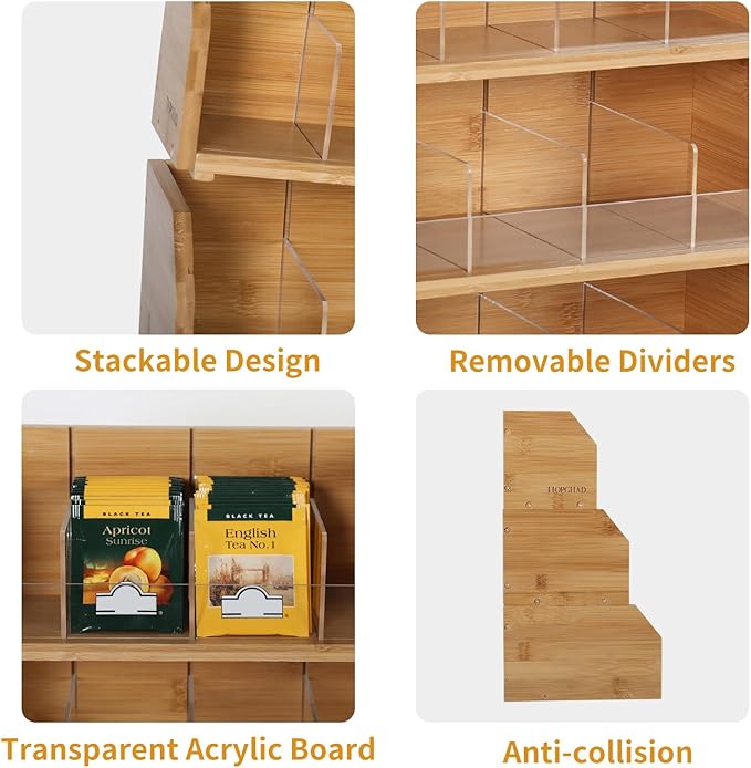 3 Layer Stackable Bamboo Tea Bag Organizer Storage Holder for Tea Bags Wood Tea Box Containers Tea Rack Teabag Station Stand for Cabinet Countertop Office(Patented Design)