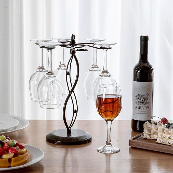 MyGift Bronze Metal Countertop Wine Glass Holder with Scrollwork Design, Freestanding Tabletop Stemware Storage Rack with 6 Hooks
