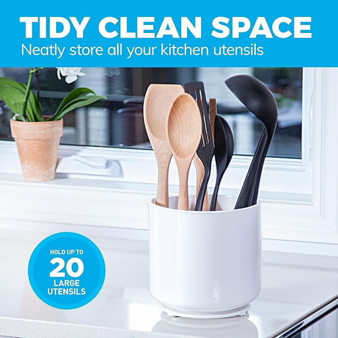 Cooler Kitchen Jumbo XL Rotating White Plastic Utensil Holder Caddy with Sturdy No-Tip Weighted Base, Removable Divider, and Gripped Insert - Dishwasher Safe Kitchen Utensil Holder for Countertop