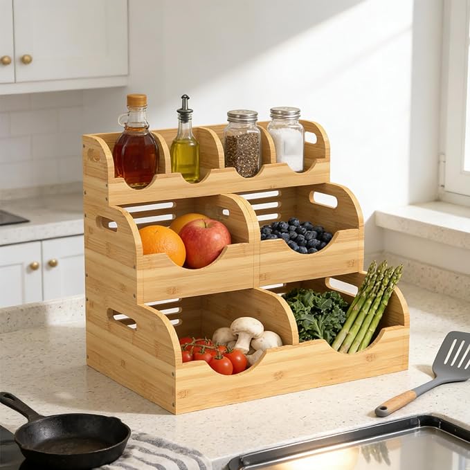 Upgraded 3 Tier Bamboo Pantry Storage Bins, Stackable Potato and Onion Storage Bin with Airflow Vent, Potato Storage, Pantry Baskets, Vegetable Storage, for Kitchen Countertop, Cabinet, Living Room