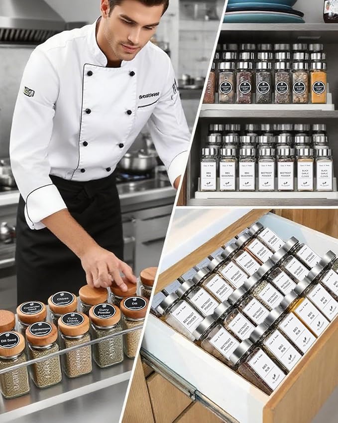 388 Pcs Spice Jar Labels Stickers Waterproof Preprinted Pantry Labels with Blank Label, Black & White Stickers for Kitchen Jars Food Containers Spice Organizers Storage Bins