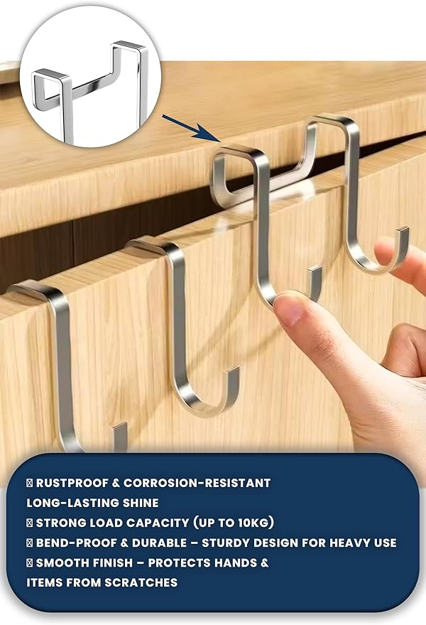 6 Pack - Over the Cabinet Door Hooks | Stainless Steel Cabinet Hooks for Hanging Mugs, Cups, Utensils | Cupboard Door Organizer & Under Sink Door Organizer Kitchen Storage Cabinet, Kitchen Accessories