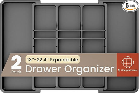 Black Expandable Utensil Drawer Organizer 2 Pack, Adjustable 13” to 22.4”, 5 Compartment Silverware Organizer for Kitchen Utensils, Spatulas, Cutlery, and Tools, Easy to Clean, Durable, and BPA-Free