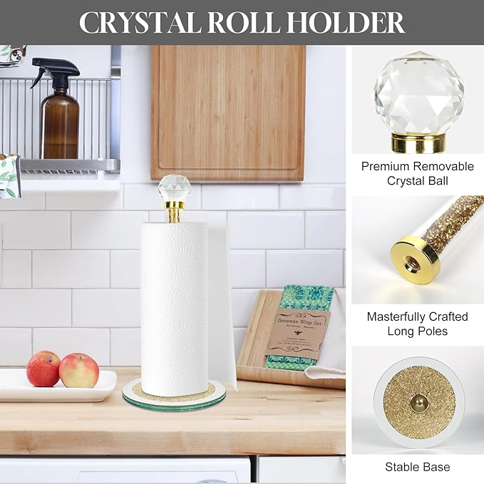 Decorative Paper Towel Holder, Gold Crystal Paper Towel Dispenser, Crushed Diamond Home Decor Toilet Roll Holder Stand with Heavy Base, Freestanding Paper Holder for Kitchen, Bathroom (Round/Gold)