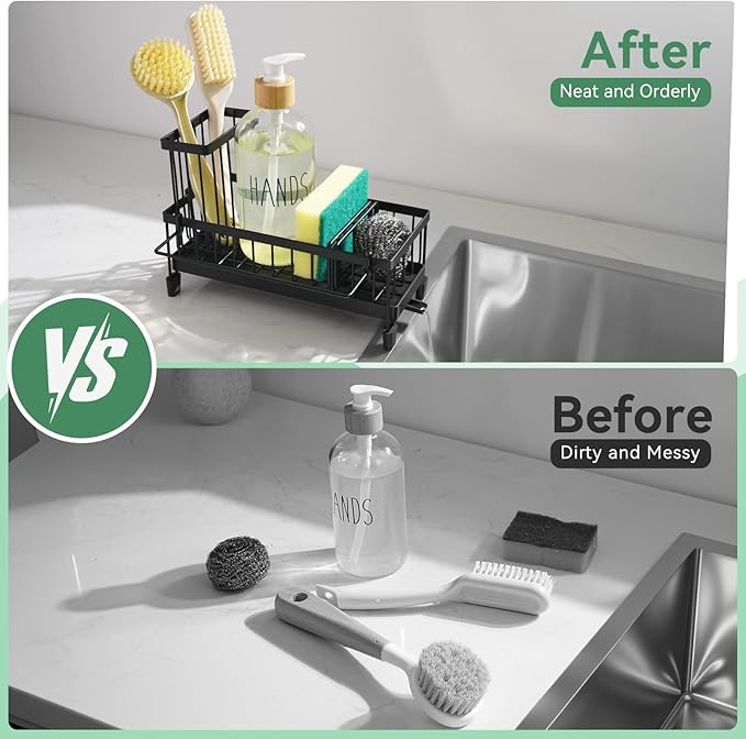 Sponge Holder for Kitchen Sink with Tall Brush Holder and Dishcloth Rack, Rustproof Stainless Steel Sink Caddy, Kitchen Countertop Organizers and Soap Dispenser.