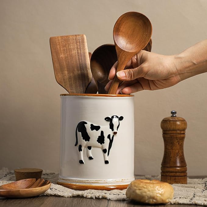 SOCOSY Ceramic Retro Cow Embossed Kitchen Utensil Holder For Countertop Large Cooking Utensil Crock Holder Spatula Holder