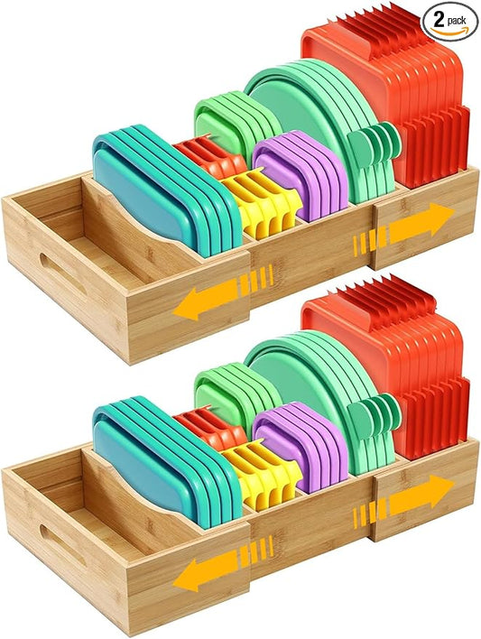 2 Pack Expandable Food Container Lid Organizers, Gift for Christmas Bamboo Lids Organizer Inside Cabinet with 3 Adjustable Dividers Groove Design, Food Storage Box Lid Holder for Kitchen Organization