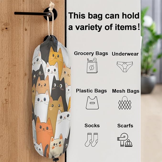 Plastic Bag Holder Cute Cartoon Cats Wall Mount Grocery Bag Holder Wasgable Plastic Bag Dispenser Garbage Bag Organizer for Home Kitchen Decor, Gifts for Women Mom Family Friends,A-1