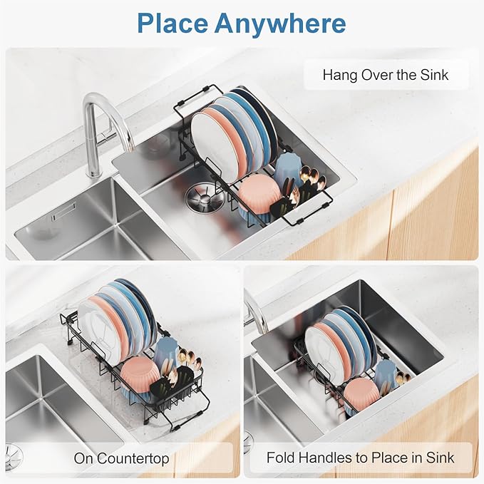 iSPECLE Small Sink Dish Drying Rack, 9" W Expandable Compact Rust Resistant Dish Drainer for RV Apartment Kitchen, Dish Rack with Lock Knob, Arms with Non Slip Rubber, Black