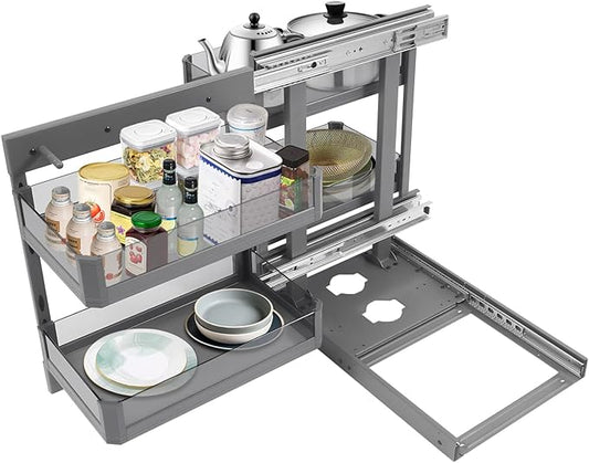 Blind Corner Cabinet Organizer, 2 Tiers Blind Corner Cabinet Pull-out Organizer with 4 Baskets,Left Open & Right Open Compatible, Min Opening 14.57", Kitchen Slide Out Cabinet Organizer