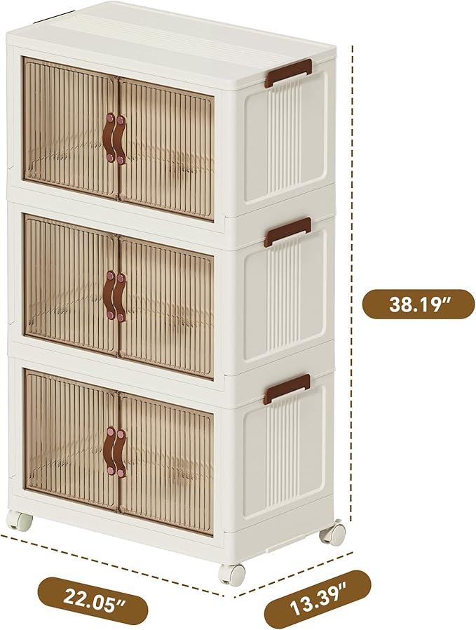ONAIL Collapsible Storage Bins with Lid and Wheels, Plastic Foldable Storage Cabinet-Stackable Closet Organizer Containers with Doors for Clothes, Home, Room, White, 3 Tiers