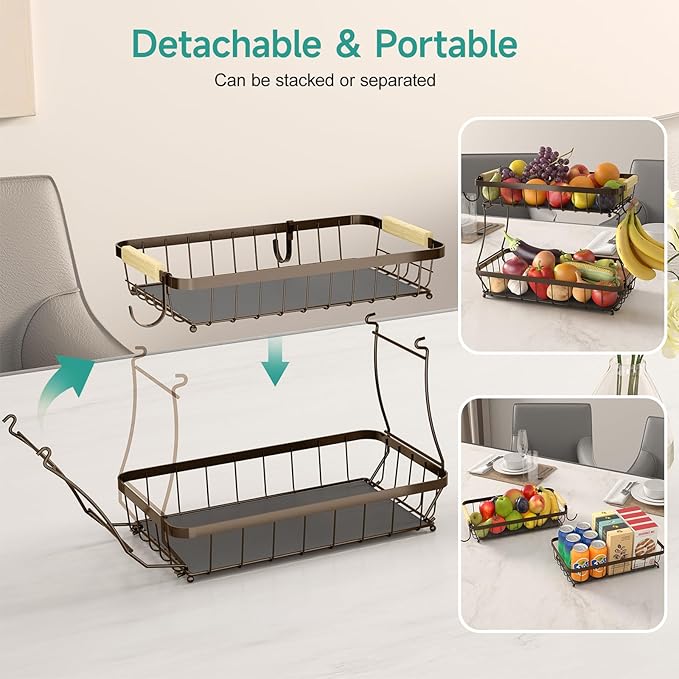 2 Tier Large Fruit Basket for Kitchen Counter with 2 Mobile Banana Hangers, 2026 Pro Detachable Metal Fruit Bowl with Wooden Handle (Brown, 2 Tier Extra Large)