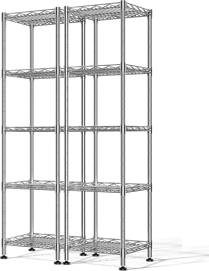 Set of 2 Metal Shelving-5 Tier Storage Shelves:AdjustableShelving and Units Standing Shelving Storage Rack Narrow Shelf for Kitchen Pantry Closet Office 12''Wx12''Dx49''H Chrome
