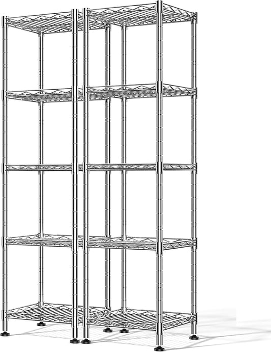 Set of 2 Metal Shelving-5 Tier Storage Shelves:AdjustableShelving and Units Standing Shelving Storage Rack Narrow Shelf for Kitchen Pantry Closet Office 12''Wx12''Dx49''H Chrome