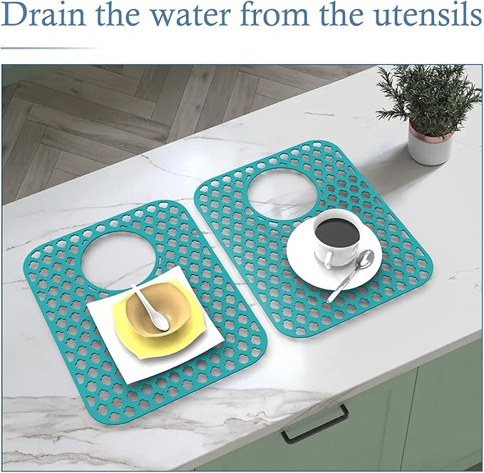 BEHOK 2 Pack Silicone Sink Protector for Kitchen Sink Bathroom, 13.58" x 11.6" Heat-resistant Sink Mat Non-Slip and Durable Silicone Protectors, Rear Drain, Green