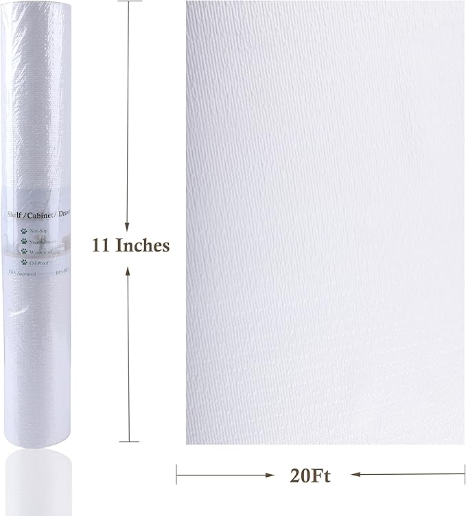 Cabinet Shelf Liner 11 Inch Wide X 20 Ft Non-Adhesive Non-Slip Drawer Liner for Kitchen Cabinet Easy to Install & Cut Shelf Paper for Shelves Waterproof Oil-Proof Strong Grip Refrigerator Liner