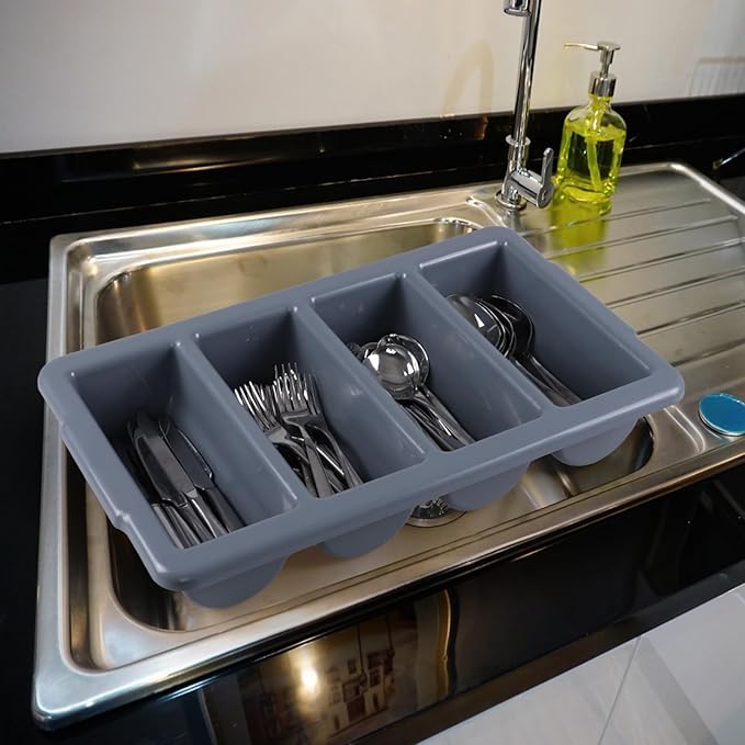 4 Pack Plastic 4-Compartment Commercial Cutlery Bin, Plastic Restaurant Silverware Holder Tray, Grey