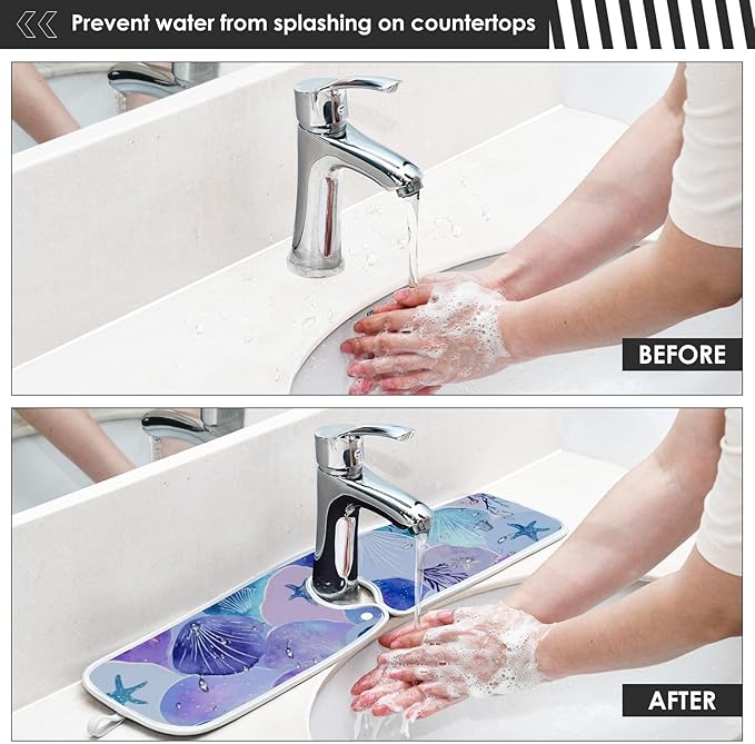 2 PCS Kitchen Sink Splash Guard 23.6 Inch Faucet Mat for Kitchen Sink Bathroom Sink Faucet Absorbing Drip Drain Mat Pad Microfiber Soft Washable Watercolor Mermaid Scales Starfish