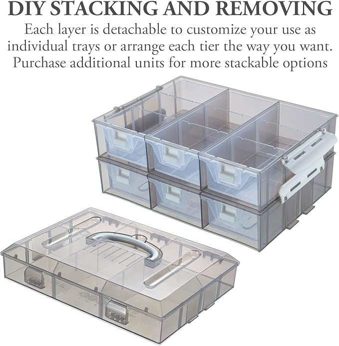 MyGift 11 Inch Smoke Gray Transparent Arts and Crafts Sewing Supplies Storage Organizer Case with White Accents, 24 Customizable Compartments, and 6 Drawers with Removable Dividers