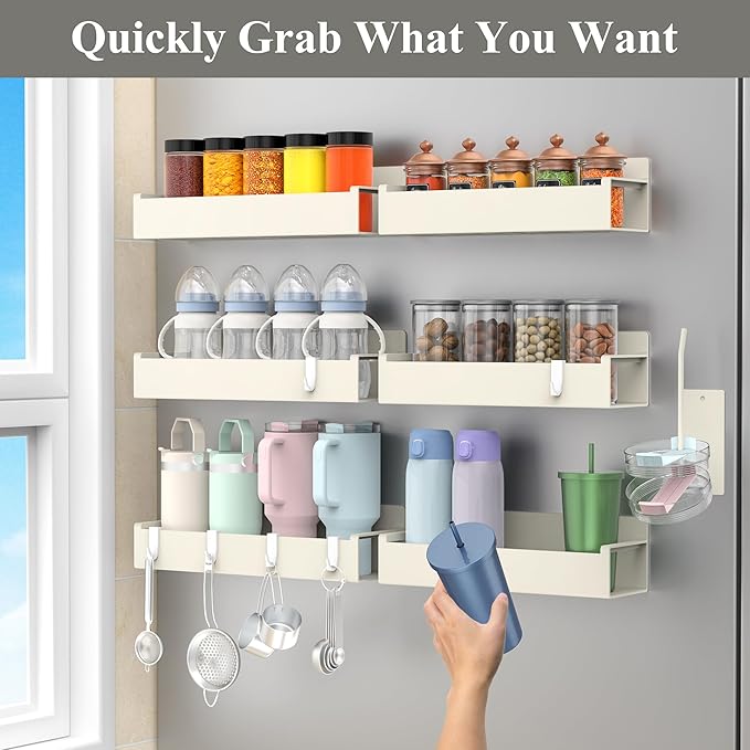 HuggieGems Magnetic Water Bottle Holder for Refrigerator, Cup Holder Organizer for Stanley and Tumbler for Kitchen, 6 Pack, Cream White