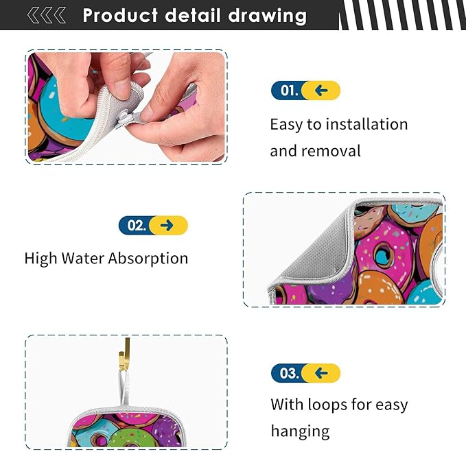 2 PCS Kitchen Sink Splash Guard 14.9 Inch Faucet Mat for Kitchen Sink Bathroom Sink Faucet Absorbing Drip Drain Mat Pad Microfiber Soft Washable Cute Colorful Donuts