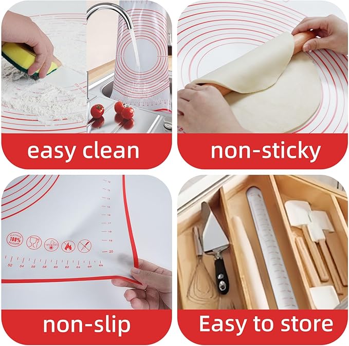 Dough Mat Pastry Silicone Baking Mats 32x24" Red for Rolling Dough Kneading Sheet Sourdough Bread Baking Supplies