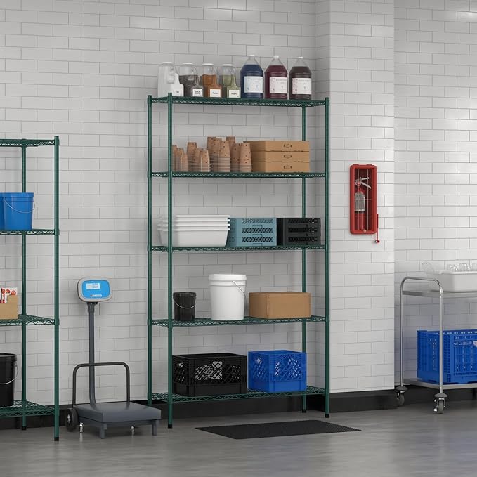 Commercial NSF Listed Green Epoxy Stationary Wire Shelving Kit 14" x 48" x 86", with 5 Shelves Perfect for Warehouse, Walk-in Refrigerator, Freezer, Grocery Store, Restaurant, Dishroom