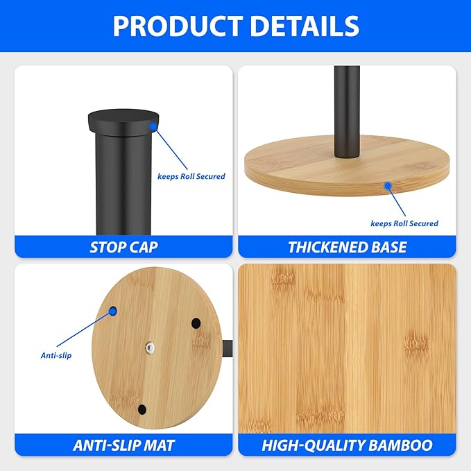 Paper Towel Holder Countertop, Weighted Wooden Base, Stainless Steel, FreeStanding, Easy Install, Durable, Ideal for Home,RV,Bathroom,Farmhouse Essentials Decor Accessories (Black)