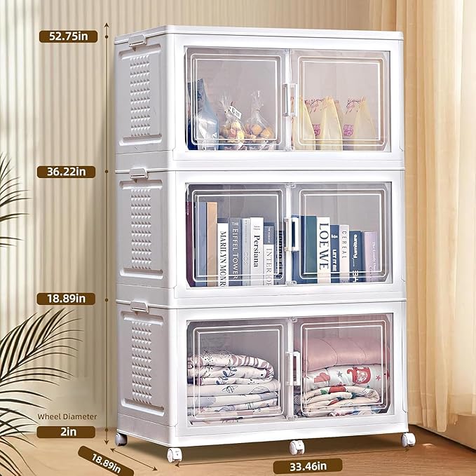FINCHESCLUB 568QT Large Stackable Storage Bins with Lids, 141Gal Foldable Storage Bins with Doors and Wheels, Collapsible Closet Organizers for Home Office, 3 Pack - White