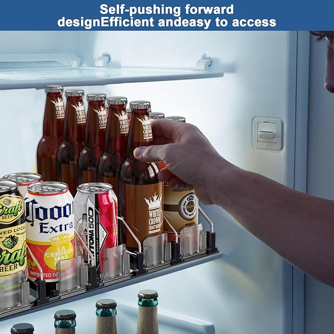 Drink Organizer for Fridge,12oz 16oz 20oz - Soda Can Dispenser for Refrigerator,Width Adjustable,Automatic Pusher Glide (White, 15"D 6ROW, Holds 30 Cans)