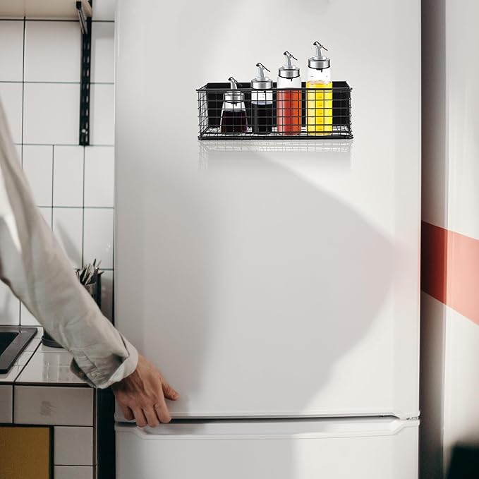 ULDIGI Magnetic Fridge Spice Shelf Large Magnetic Refrigerator Storage Rack Black Organizer Basket for Kitchen Cabinet Side Hanging Storage