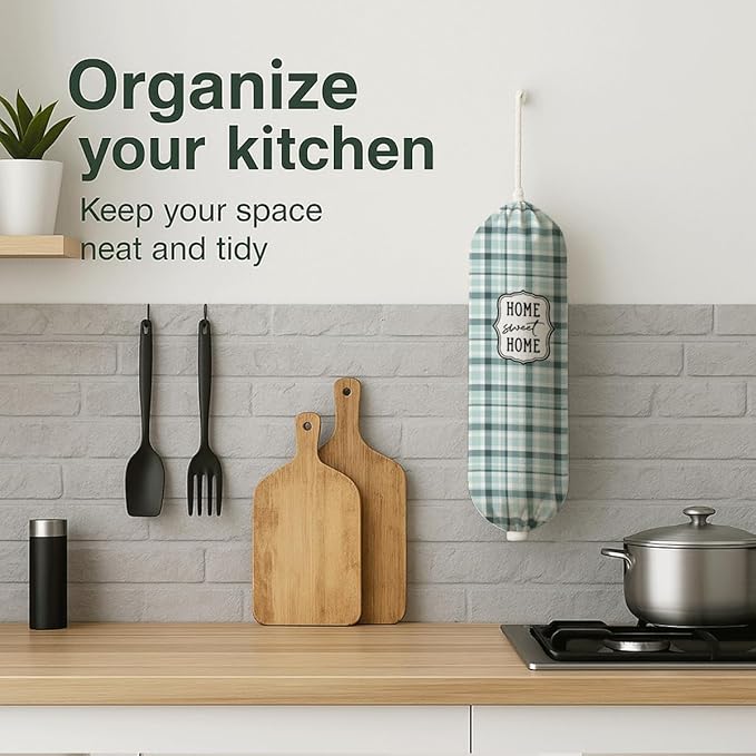 Plastic Bag Holder, Home Sweet Home Plastic Bag Holder for Kitchen Essentials, Grid Bags Holders for Plastics Bags Groceries Store, Reusable Hanging Trash Sack Dispenser