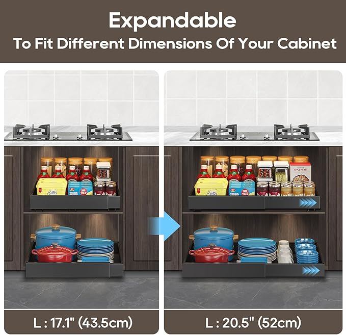 Expandable Pull Out Cabinet Organizer 21" Deep, 3 Rails Slide Out Drawer for Kitchen Cabinet, Adjustable No Drill Roll Out Shelf Adhesive with Nano Film 12.2"-20.5" W Black 1 Pack