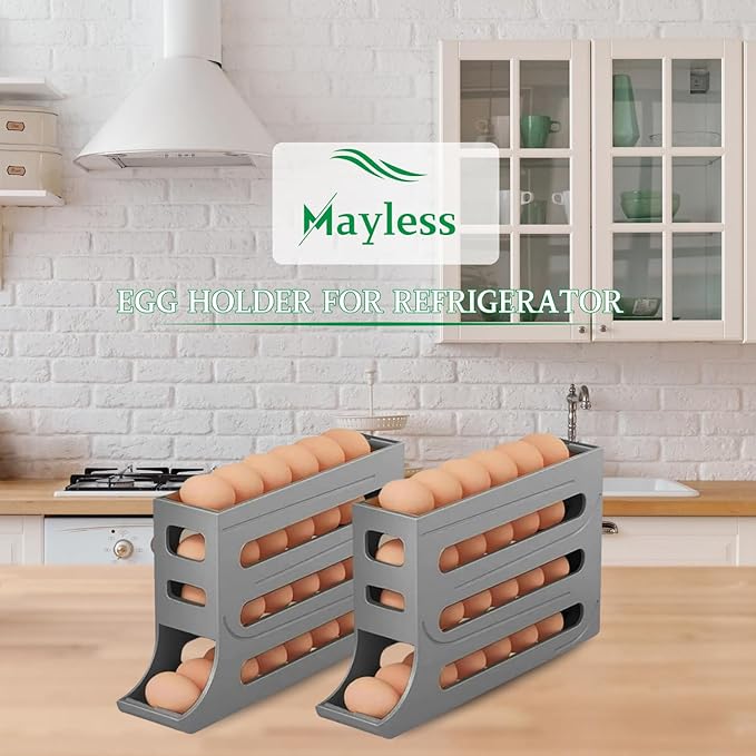 MAYLESS EGG HOLDER FOR FRIDGE, Auto Rolling Fridge Egg Organizer, Egg Rack For Refrigerator. (Grey)