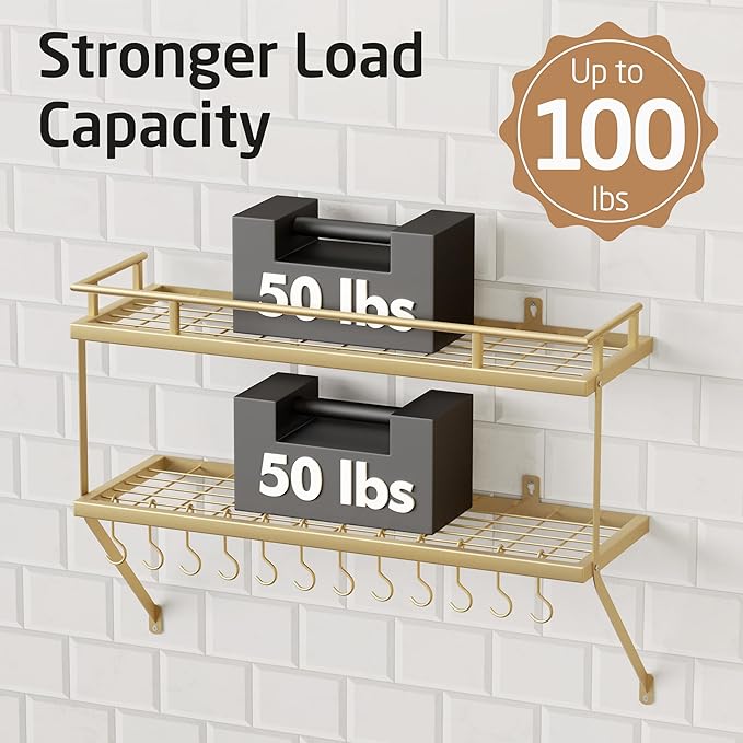 KES 30-Inch Gold Pot Rack Wall Mounted, 2-Tier Hanging Pot and Pan Organizer with 12 Sturdy Hooks, Elegant Modern Kitchen Wall Hanger Shelves, KUR215S75B-GD