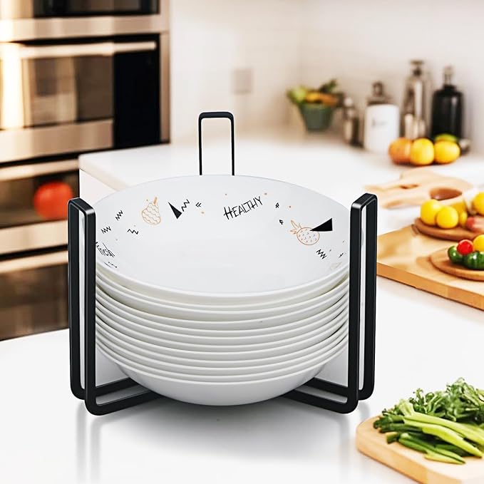 Dinnerware Bowl Plate Holder Fit for 6.5 Inches Diameters Bowl, Metal Bowl Storage Dying Display Rack for Kitchen Drawer, Countertop, Cabinet, Shelf, Cupboard (Black, Small 1PCS+Large 1PCS)