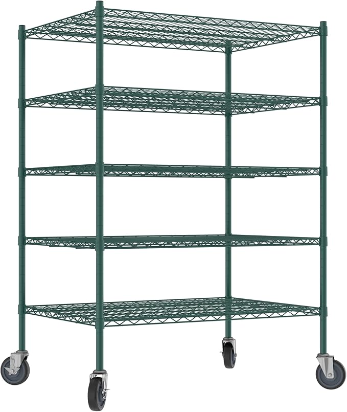 Commercial NSF Listed Green Epoxy Mobile Wire Shelving Kit 30" x 42" x 60", with 5 Shelves Perfect for Warehouse, Walk-in Refrigerator, Freezer, Grocery Store, Restaurant, Dishroom