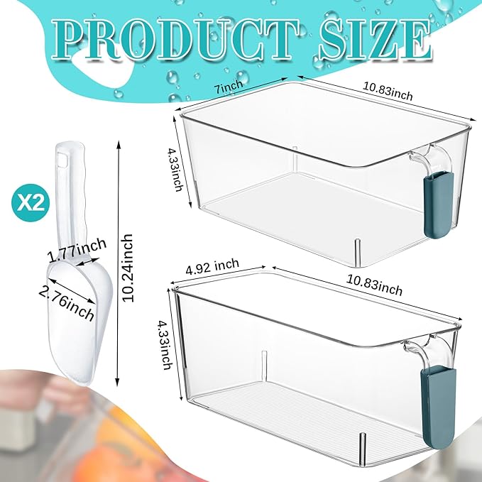 Havawish 2 Set Ice Bin and Flexible Scoop Set Plastic Freezer Ice Bin with Pull out Handle Storage Bucket Clear for Container with Bucket Scoop (10.83 x 7 x 4.33 In,10.83 x 4.92 x 4.33 in,Dark Blue)