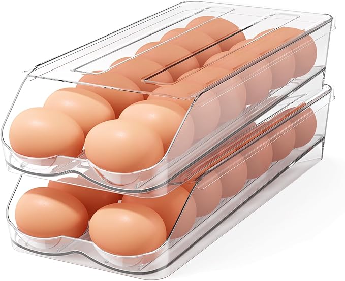 BOBELA Egg Holder for Fridge,Automatic Rolling Egg Container for Refrigerator,Clear Stackable Egg Organizer with Removable Lid for Fridge Organizers and Storage,2 pack