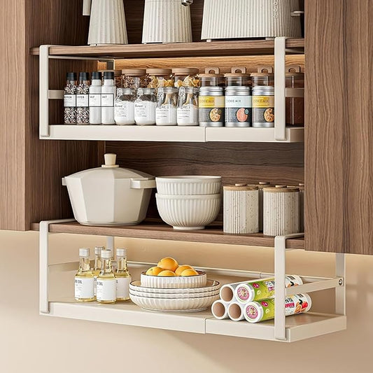 Hanging Under Shelf Storage Basket, Adjustable Width Under Cabinet Add-on Storage Racks, Heavy Duty Slide-in Baskets Organizer for Cabinet Pantry Kitchen, 1 Pack, 8.46"D x 17.7"W x 7.36"H
