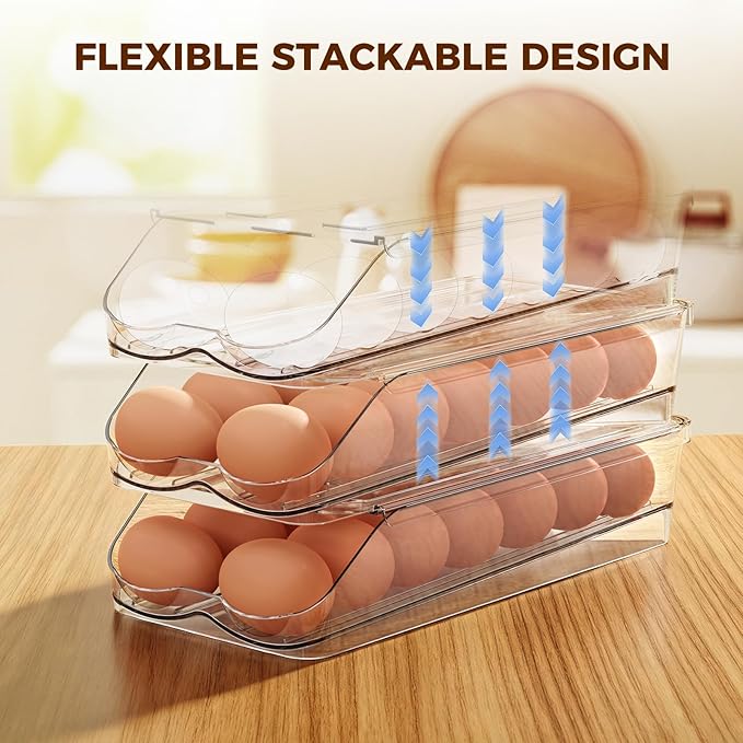 BOBELA Egg Holder for Fridge,Automatic Rolling Egg Container for Refrigerator,Clear Stackable Egg Organizer with Removable Lid for Fridge Organizers and Storage,2 pack
