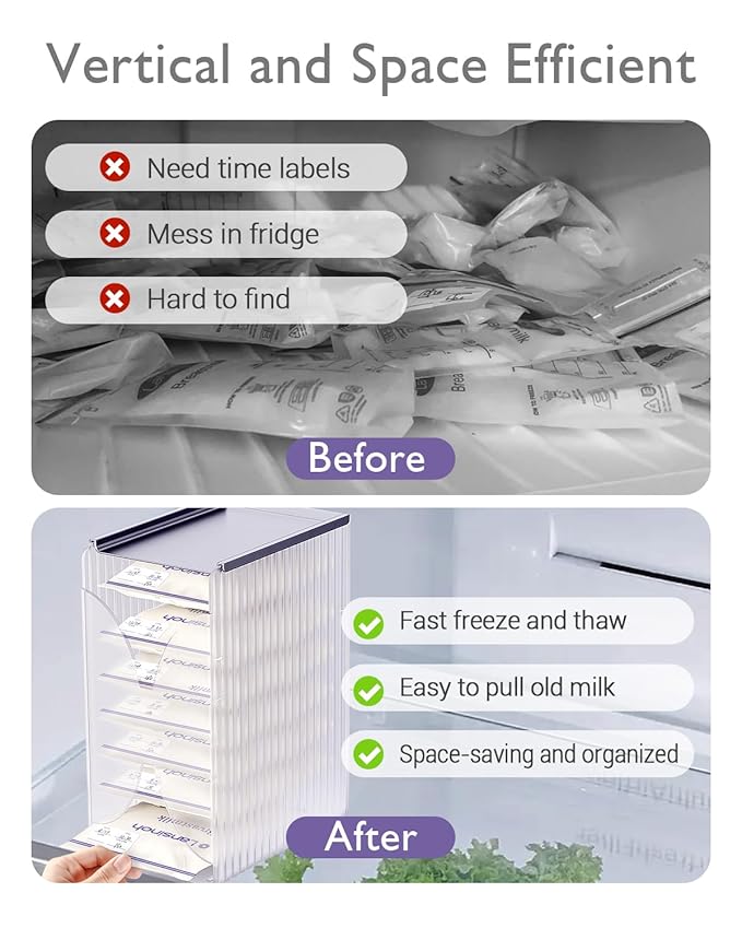 Freeze Organizer and Tower for Breastmilk Storage Bags, First-in First-Out Container Storing System with Quick-Freeze Tray to Freezing Breastmilk, Reusable and Breastfeeding Essentials