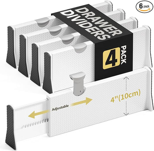 Drawer Dividers Organizer, Adjustable Separators 4" High Expandable from 11-17" for Bedroom, Bathroom, Closet, Clothing, Office, Kitchen (White, 4 PACK)