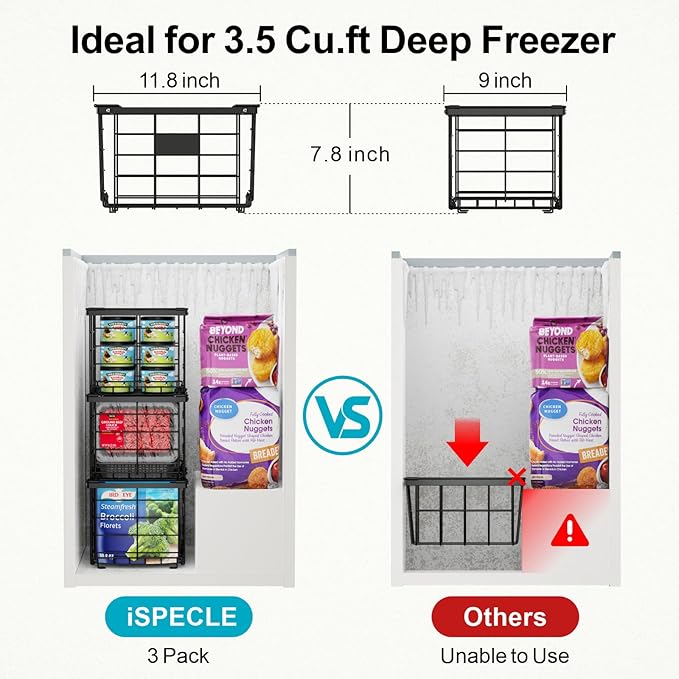 iSPECLE Freezer Organizer Bins - for 3.5 Cu.Ft Deep Freezer, 3 Pack Stackable Chest Freezer Organizer Bins with Label Plates & Folding Handles, Heavy Duty Metal Storage, Assembly Required, Black