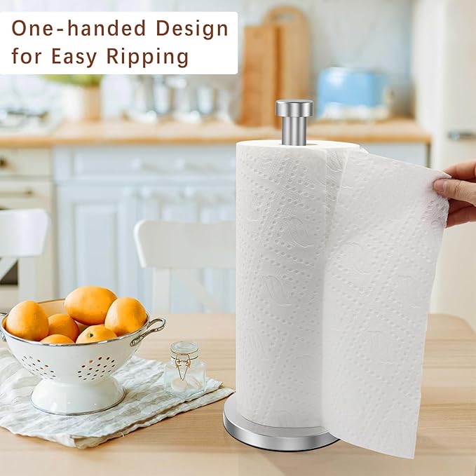 Paper Towel Holder, Standing Paper Towel Roll Holder for Kitchen Bathroom, Steady Paper Towel Holder Countertop with Solid Weighted Base, Stainless Steel Paper Towel Holders (Silver)