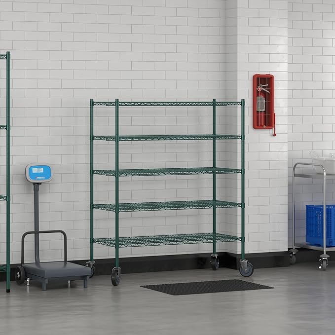 Commercial NSF Listed Green Epoxy Mobile Wire Shelving Kit 21" x 48" x 60", with 5 Shelves Perfect for Warehouse, Walk-in Refrigerator, Freezer, Grocery Store, Restaurant, Dishroom