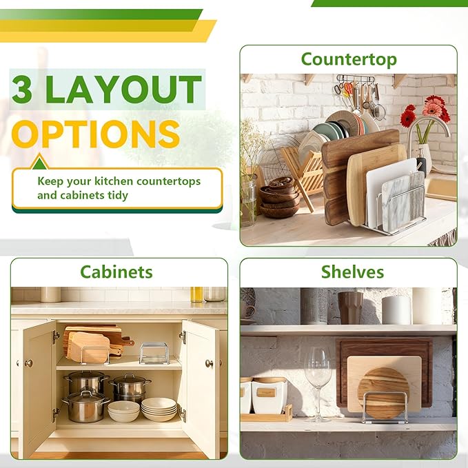 304 Stainless Steel Cutting Board Organizer Rack Cutting Board Holder Stand with Compact 4 Slots Cookie Sheets Organizer for Kitchen Countertop and Cabinet Storage, 1.0 & 1.2 Inch Wide Slots