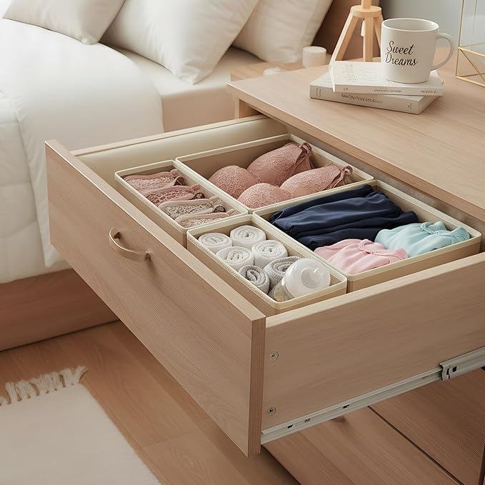4-Pack Drawer Organizer Set - Foldable Fabric Storage Bins with Zipper Bottom for Underwear, Socks, Bras & Baby Clothes - 11"x11"x4.8" Large & 11"x5.5"x4.8" Small Bins, Grey